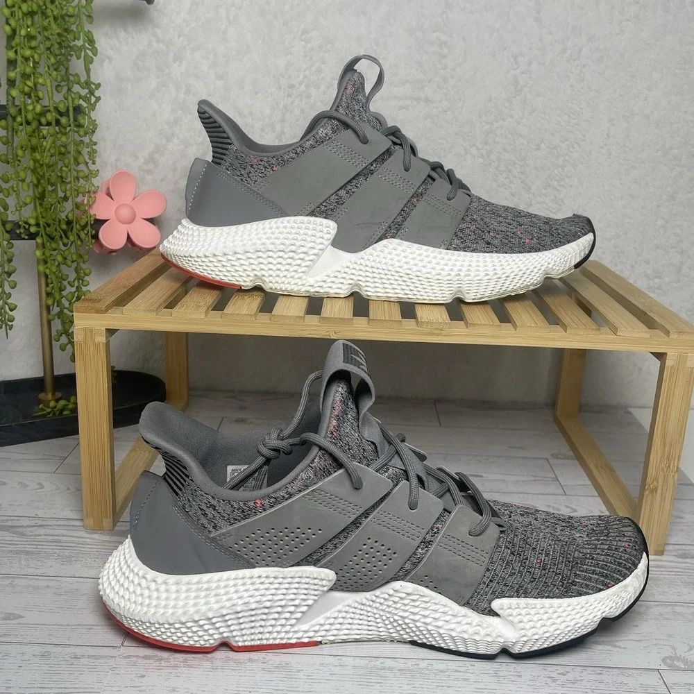 Adidas Prophere Shoes Mens 10.5 Gray Solar Red Primeknit CQ3023 Athletic Sneaker